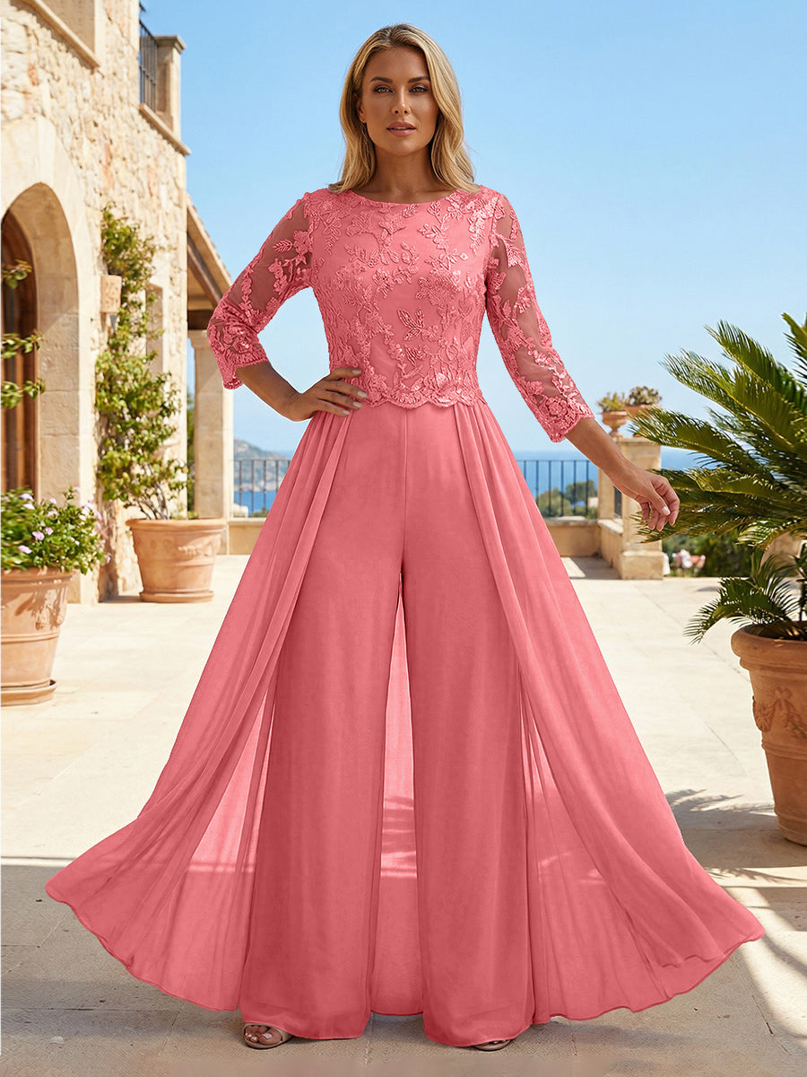 Chiffon 3/4 Sleeves Round Neck Mother of the Bride & Groom Jumpsuit with Lace Embellished Bodice