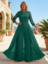 Chiffon 3/4 Sleeves Round Neck Mother of the Bride & Groom Jumpsuit with Lace Embellished Bodice