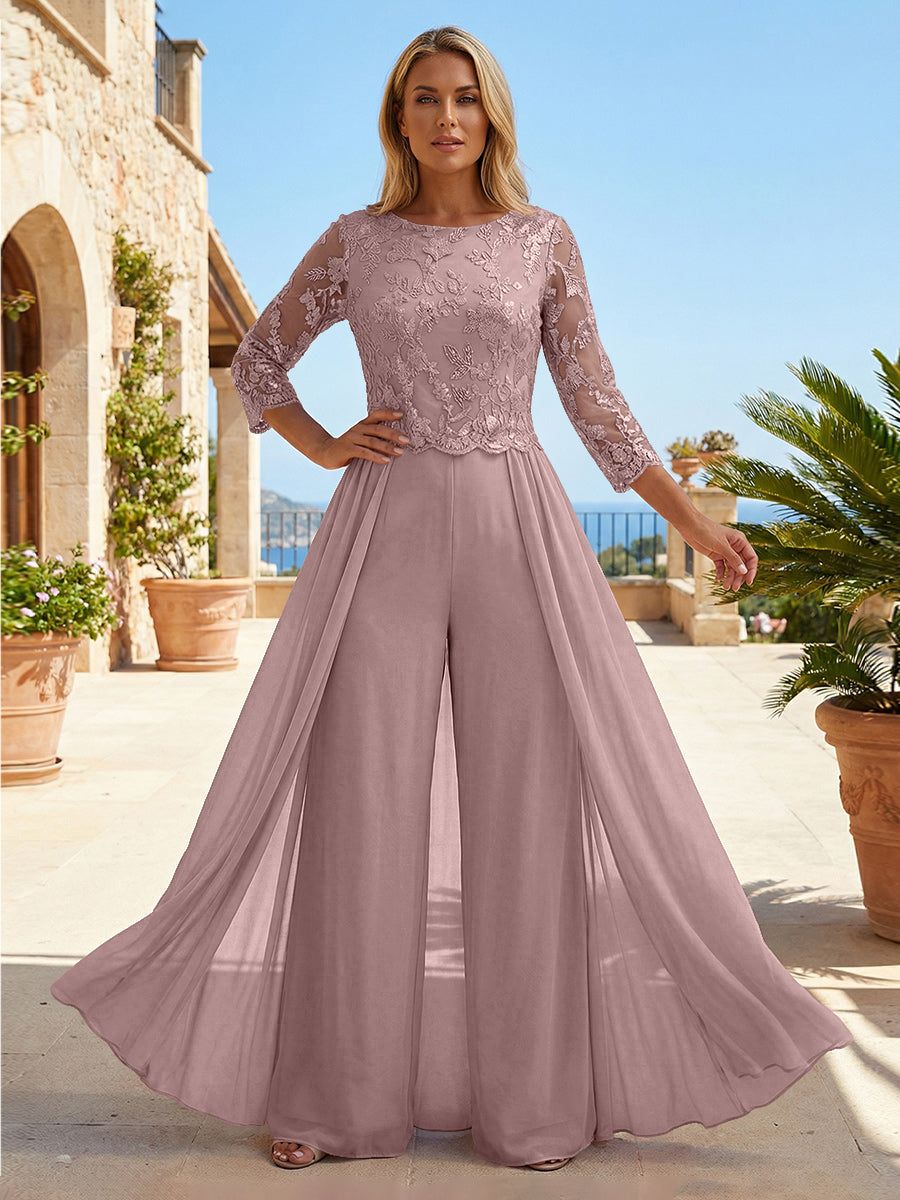 Chiffon 3/4 Sleeves Round Neck Mother of the Bride & Groom Jumpsuit with Lace Embellished Bodice