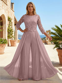 Chiffon 3/4 Sleeves Round Neck Mother of the Bride & Groom Jumpsuit with Lace Embellished Bodice