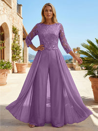 Chiffon 3/4 Sleeves Round Neck Mother of the Bride & Groom Jumpsuit with Lace Embellished Bodice