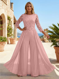 Chiffon 3/4 Sleeves Round Neck Mother of the Bride & Groom Jumpsuit with Lace Embellished Bodice