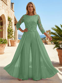 Chiffon 3/4 Sleeves Round Neck Mother of the Bride & Groom Jumpsuit with Lace Embellished Bodice