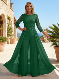 Chiffon 3/4 Sleeves Round Neck Mother of the Bride & Groom Jumpsuit with Lace Embellished Bodice