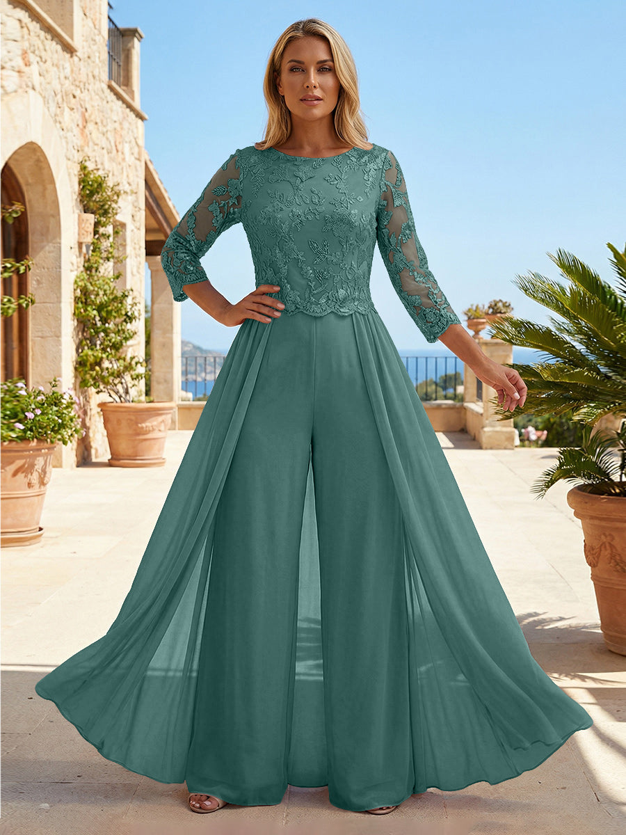 Chiffon 3/4 Sleeves Round Neck Mother of the Bride & Groom Jumpsuit with Lace Embellished Bodice
