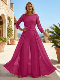 Chiffon 3/4 Sleeves Round Neck Mother of the Bride & Groom Jumpsuit with Lace Embellished Bodice