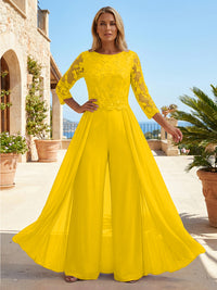 Chiffon 3/4 Sleeves Round Neck Mother of the Bride & Groom Jumpsuit with Lace Embellished Bodice