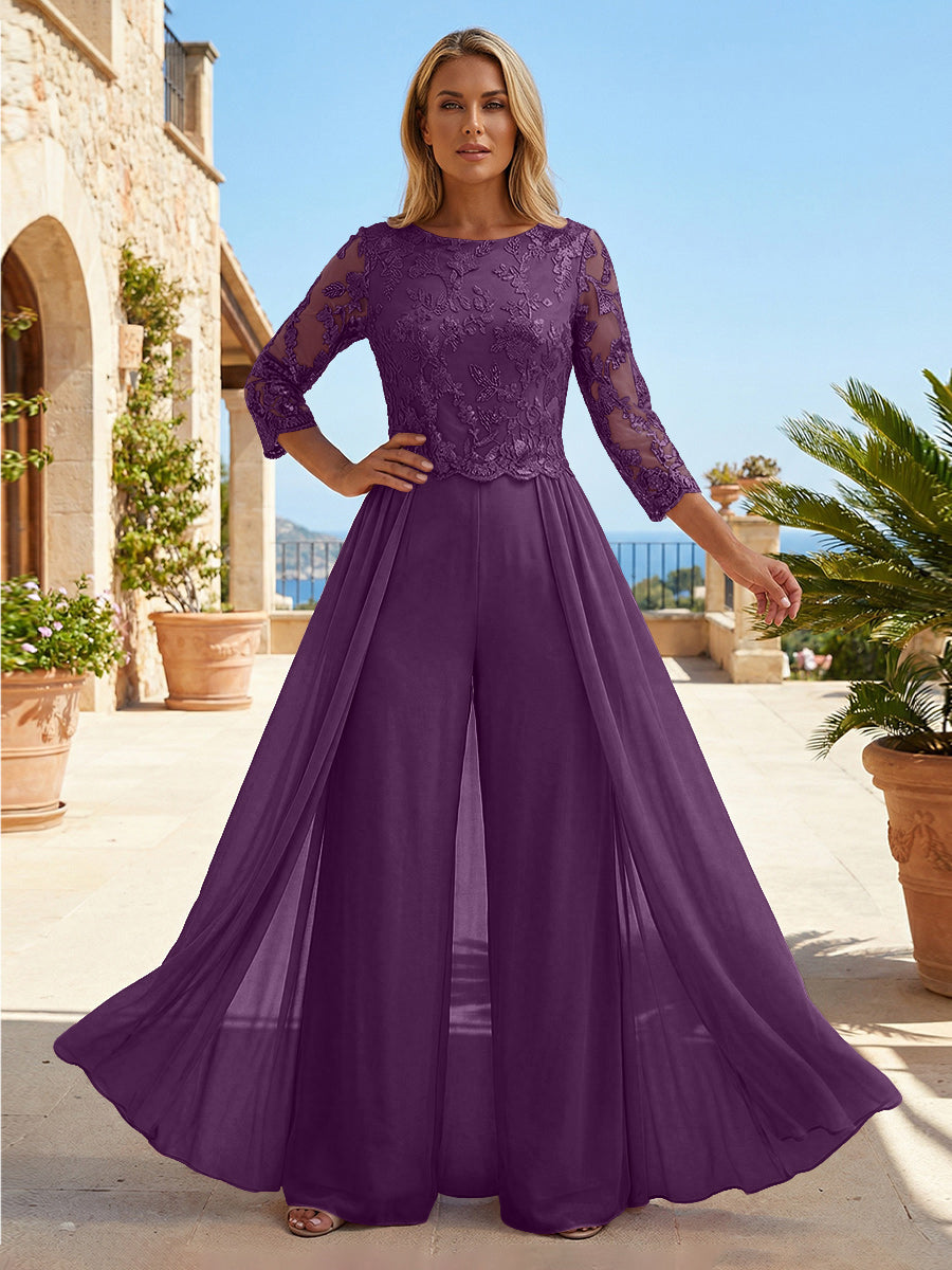 Chiffon 3/4 Sleeves Round Neck Mother of the Bride & Groom Jumpsuit with Lace Embellished Bodice