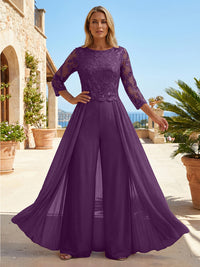 Chiffon 3/4 Sleeves Round Neck Mother of the Bride & Groom Jumpsuit with Lace Embellished Bodice