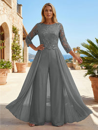 Chiffon 3/4 Sleeves Round Neck Mother of the Bride & Groom Jumpsuit with Lace Embellished Bodice