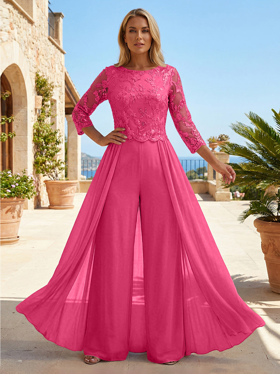 Chiffon 3/4 Sleeves Round Neck Mother of the Bride & Groom Jumpsuit with Lace Embellished Bodice