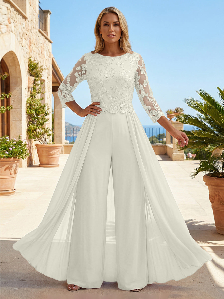 Chiffon 3/4 Sleeves Round Neck Mother of the Bride & Groom Jumpsuit with Lace Embellished Bodice