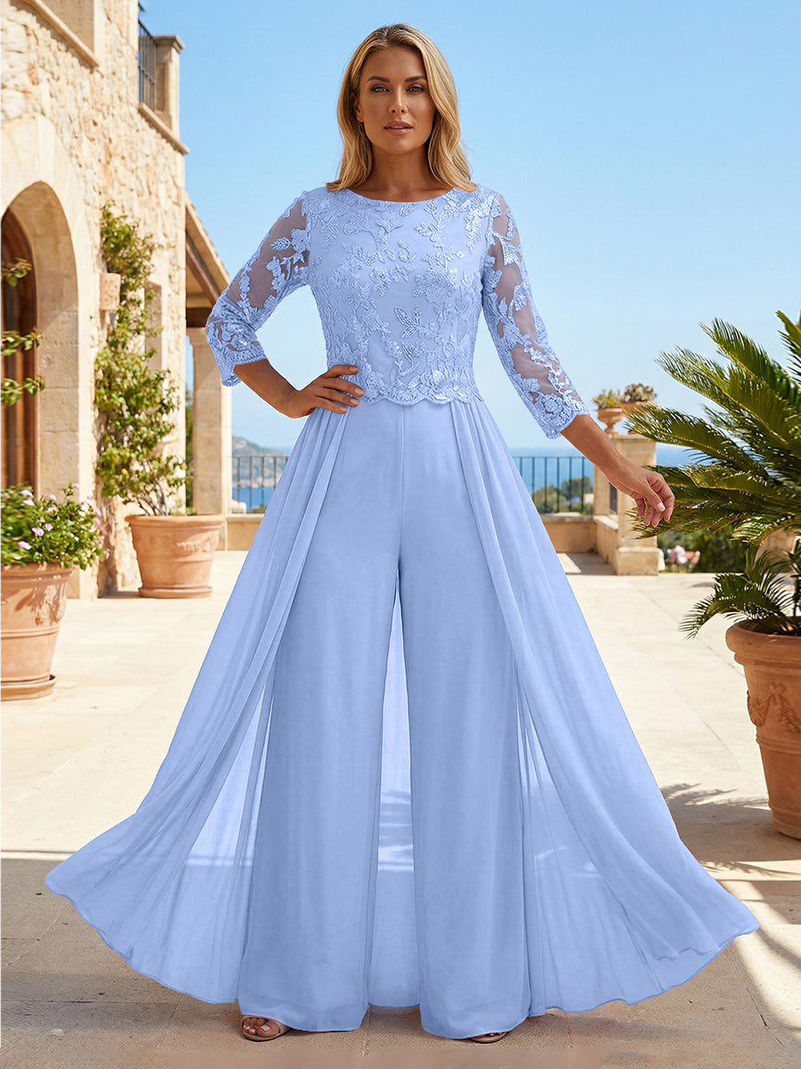 Chiffon 3/4 Sleeves Round Neck Mother of the Bride & Groom Jumpsuit with Lace Embellished Bodice