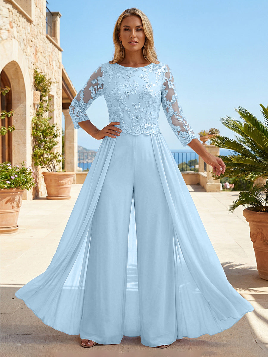 Chiffon 3/4 Sleeves Round Neck Mother of the Bride & Groom Jumpsuit with Lace Embellished Bodice