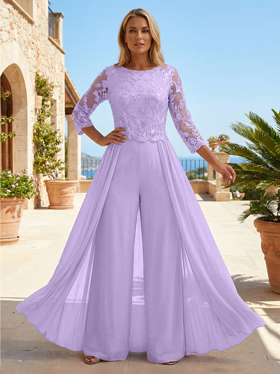 Chiffon 3/4 Sleeves Round Neck Mother of the Bride & Groom Jumpsuit with Lace Embellished Bodice