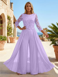 Chiffon 3/4 Sleeves Round Neck Mother of the Bride & Groom Jumpsuit with Lace Embellished Bodice