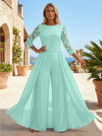 Chiffon 3/4 Sleeves Round Neck Mother of the Bride & Groom Jumpsuit with Lace Embellished Bodice