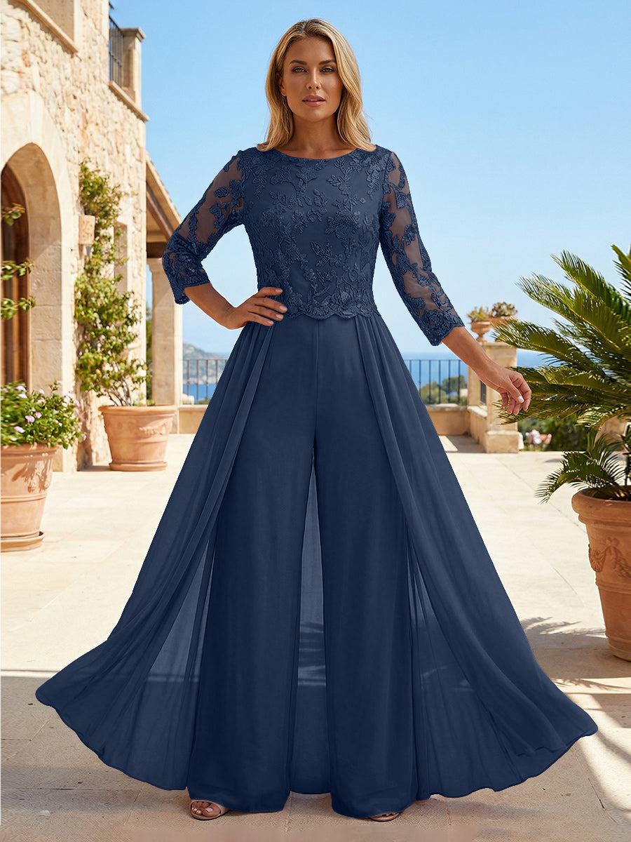 Chiffon 3/4 Sleeves Round Neck Mother of the Bride & Groom Jumpsuit with Lace Embellished Bodice