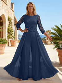 Chiffon 3/4 Sleeves Round Neck Mother of the Bride & Groom Jumpsuit with Lace Embellished Bodice
