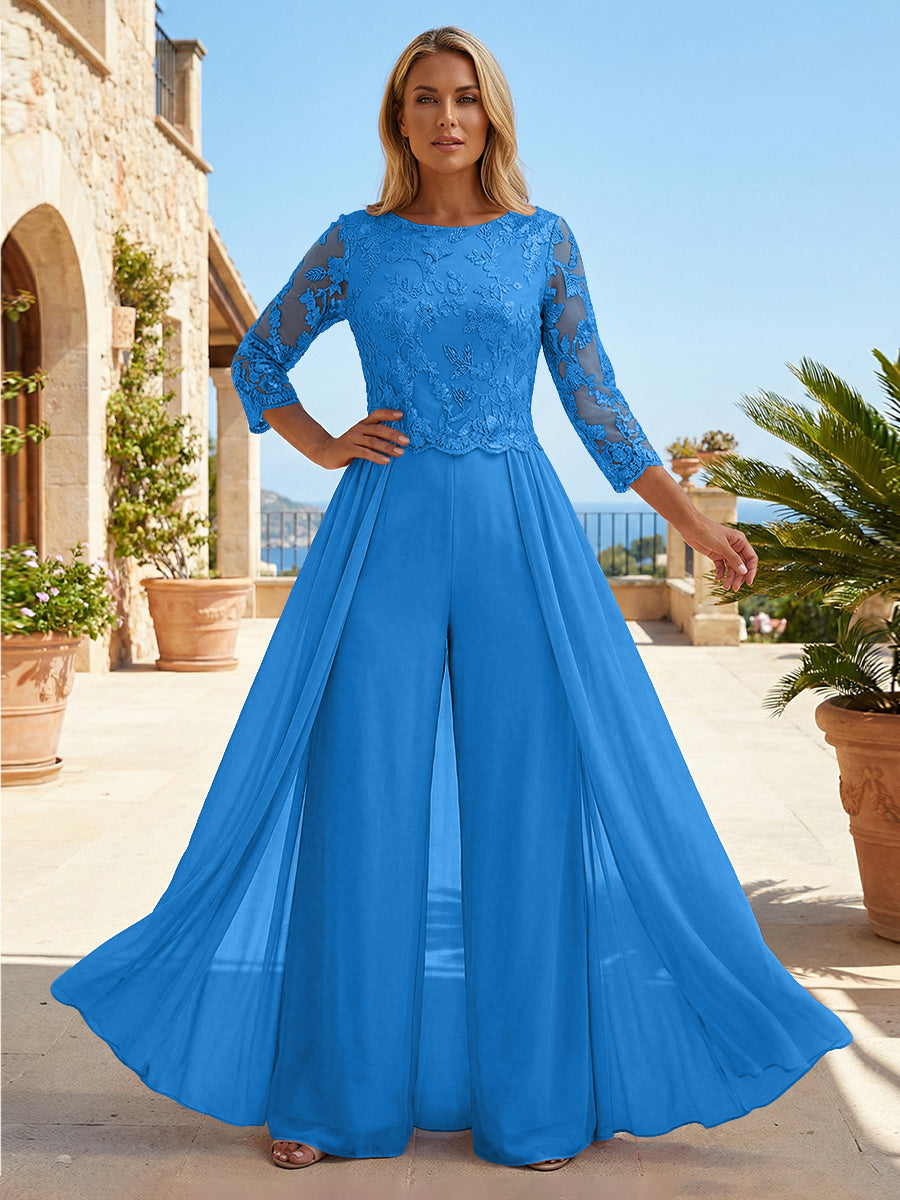 Chiffon 3/4 Sleeves Round Neck Mother of the Bride & Groom Jumpsuit with Lace Embellished Bodice