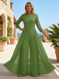 Chiffon 3/4 Sleeves Round Neck Mother of the Bride & Groom Jumpsuit with Lace Embellished Bodice