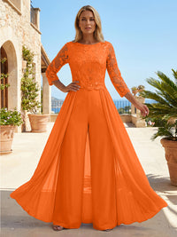 Chiffon 3/4 Sleeves Round Neck Mother of the Bride & Groom Jumpsuit with Lace Embellished Bodice
