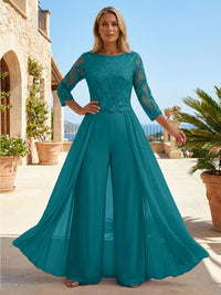 Chiffon 3/4 Sleeves Round Neck Mother of the Bride & Groom Jumpsuit with Lace Embellished Bodice