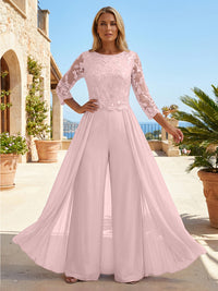 Chiffon 3/4 Sleeves Round Neck Mother of the Bride & Groom Jumpsuit with Lace Embellished Bodice