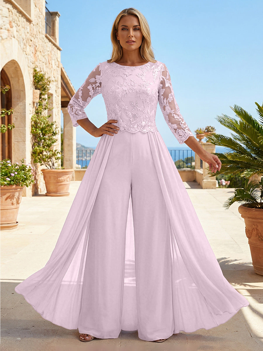 Chiffon 3/4 Sleeves Round Neck Mother of the Bride & Groom Jumpsuit with Lace Embellished Bodice