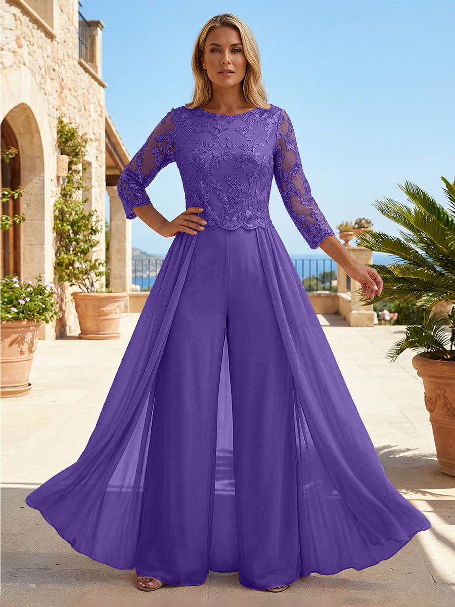Chiffon 3/4 Sleeves Round Neck Mother of the Bride & Groom Jumpsuit with Lace Embellished Bodice