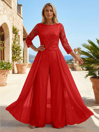 Chiffon 3/4 Sleeves Round Neck Mother of the Bride & Groom Jumpsuit with Lace Embellished Bodice
