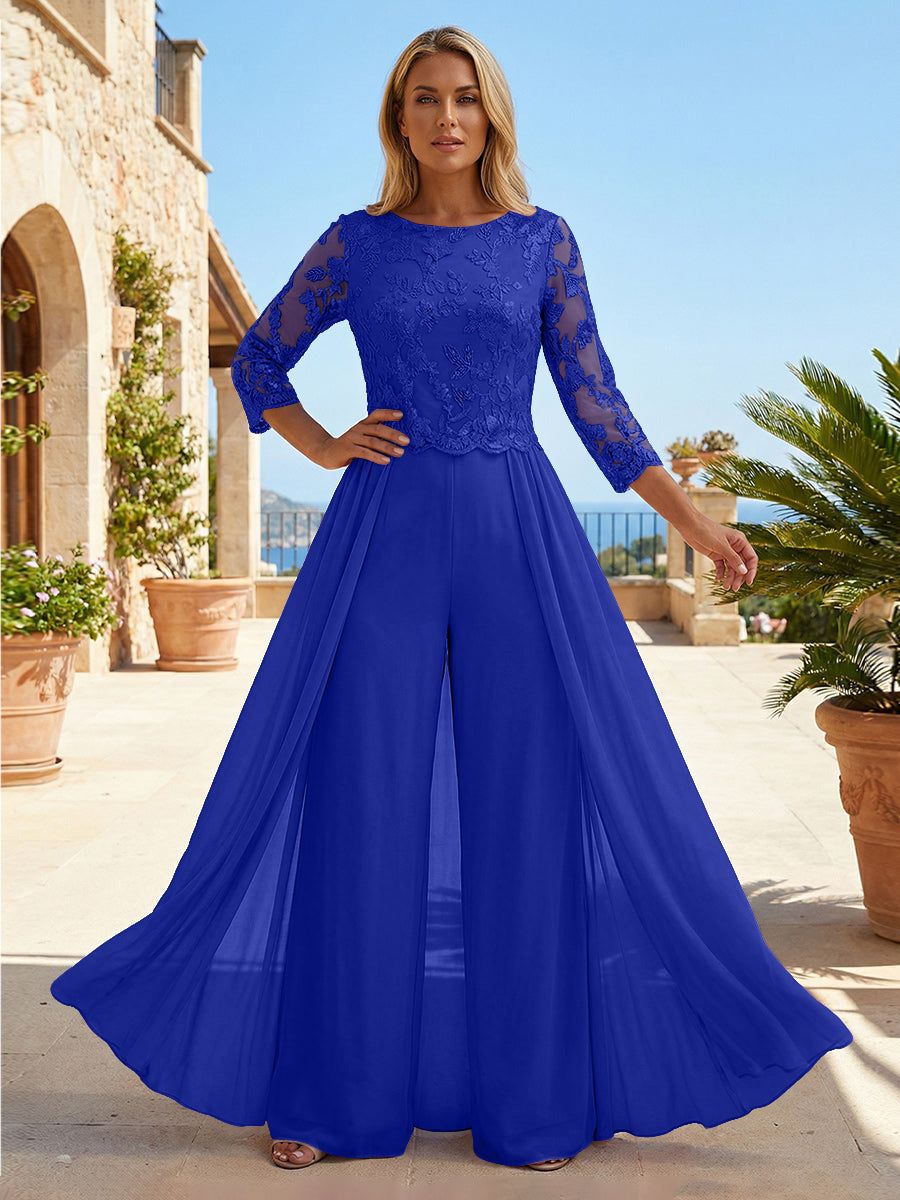 Chiffon 3/4 Sleeves Round Neck Mother of the Bride & Groom Jumpsuit with Lace Embellished Bodice