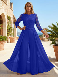Chiffon 3/4 Sleeves Round Neck Mother of the Bride & Groom Jumpsuit with Lace Embellished Bodice