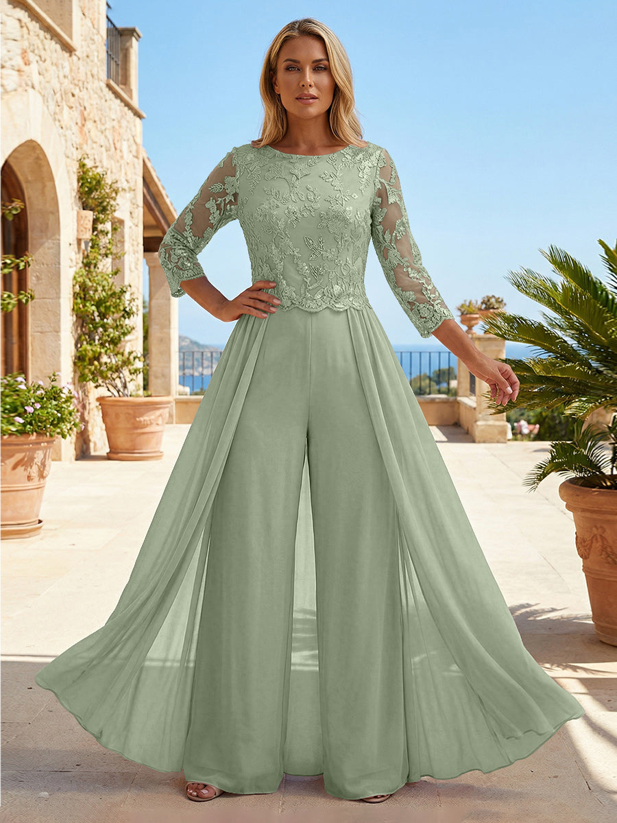 Chiffon 3/4 Sleeves Round Neck Mother of the Bride & Groom Jumpsuit with Lace Embellished Bodice