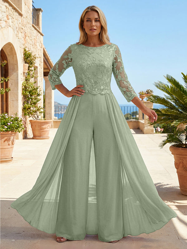 Chiffon 3/4 Sleeves Round Neck Mother of the Bride & Groom Jumpsuit with Lace Embellished Bodice
