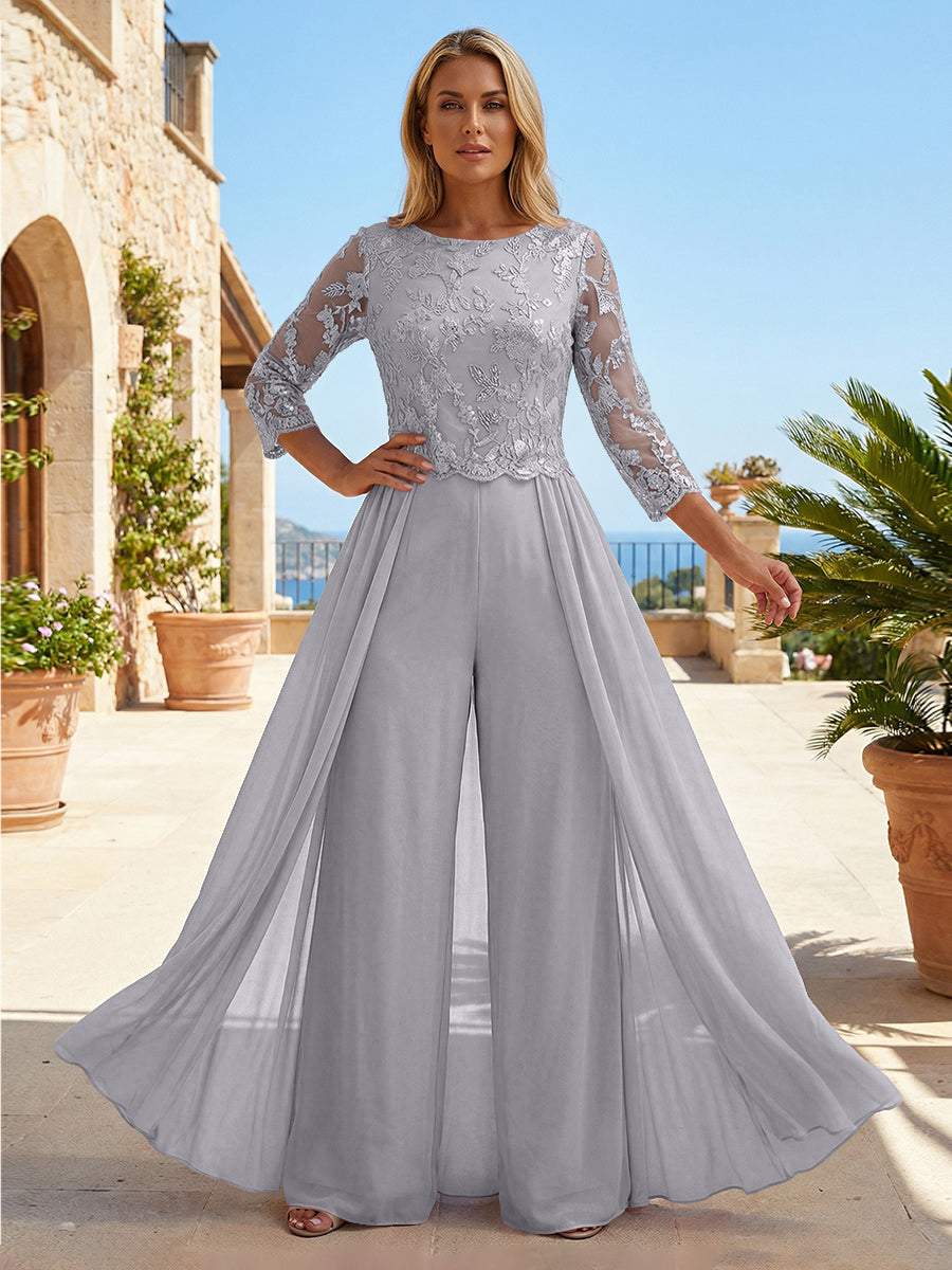 Chiffon 3/4 Sleeves Round Neck Mother of the Bride & Groom Jumpsuit with Lace Embellished Bodice