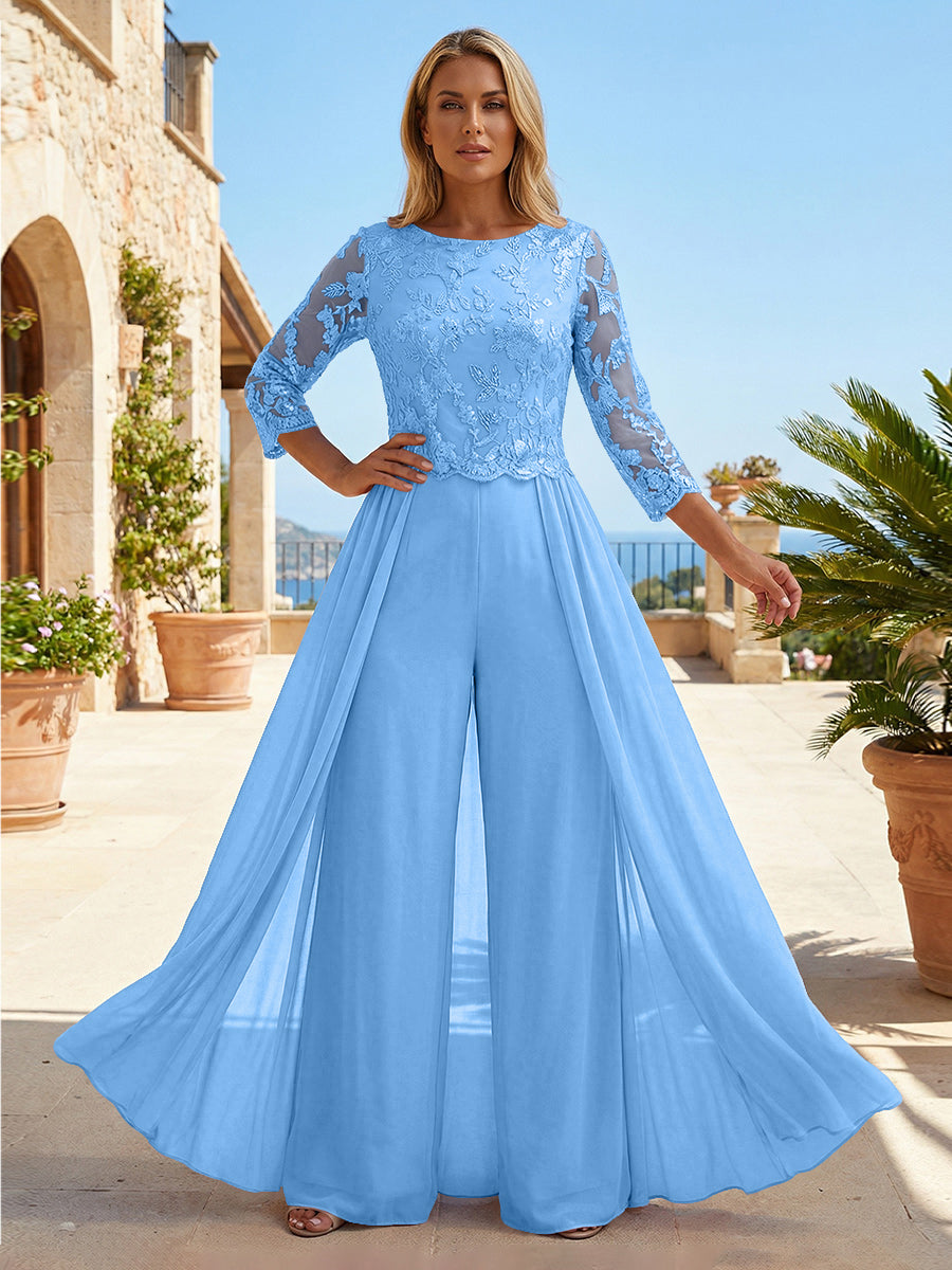 Chiffon 3/4 Sleeves Round Neck Mother of the Bride & Groom Jumpsuit with Lace Embellished Bodice