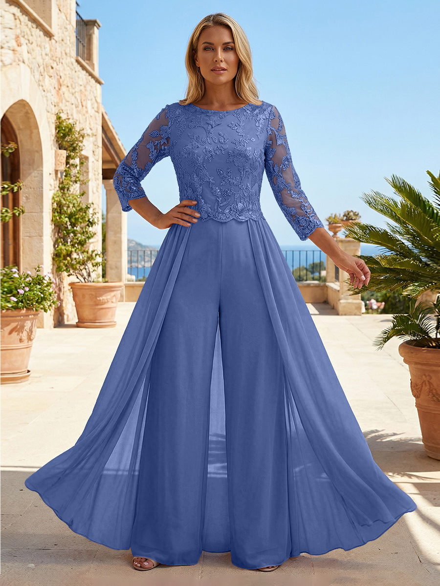 Chiffon 3/4 Sleeves Round Neck Mother of the Bride & Groom Jumpsuit with Lace Embellished Bodice