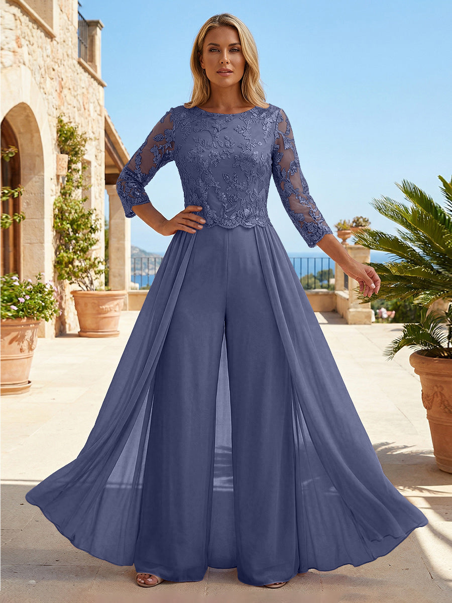 Chiffon 3/4 Sleeves Round Neck Mother of the Bride & Groom Jumpsuit with Lace Embellished Bodice