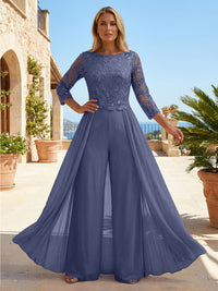 Chiffon 3/4 Sleeves Round Neck Mother of the Bride & Groom Jumpsuit with Lace Embellished Bodice