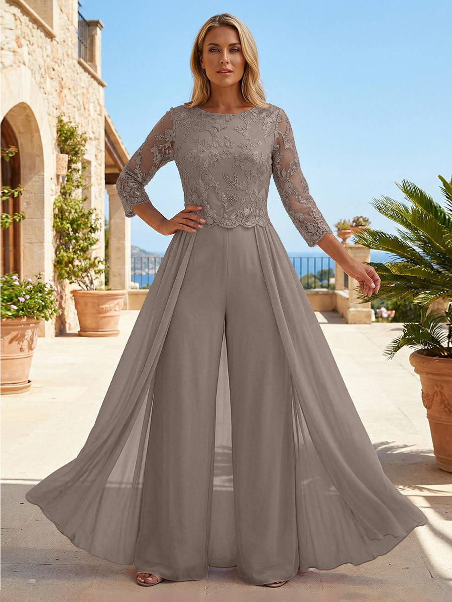 Chiffon 3/4 Sleeves Round Neck Mother of the Bride & Groom Jumpsuit with Lace Embellished Bodice