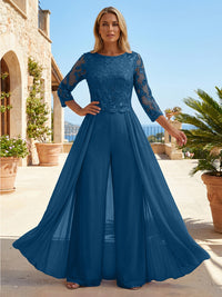 Chiffon 3/4 Sleeves Round Neck Mother of the Bride & Groom Jumpsuit with Lace Embellished Bodice