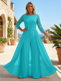 Chiffon 3/4 Sleeves Round Neck Mother of the Bride & Groom Jumpsuit with Lace Embellished Bodice