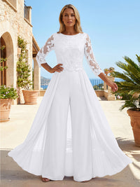 Chiffon 3/4 Sleeves Round Neck Mother of the Bride & Groom Jumpsuit with Lace Embellished Bodice