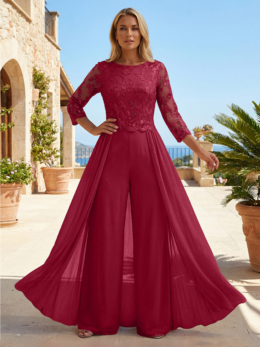 Chiffon 3/4 Sleeves Round Neck Mother of the Bride & Groom Jumpsuit with Lace Embellished Bodice