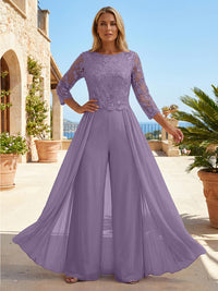 Chiffon 3/4 Sleeves Round Neck Mother of the Bride & Groom Jumpsuit with Lace Embellished Bodice