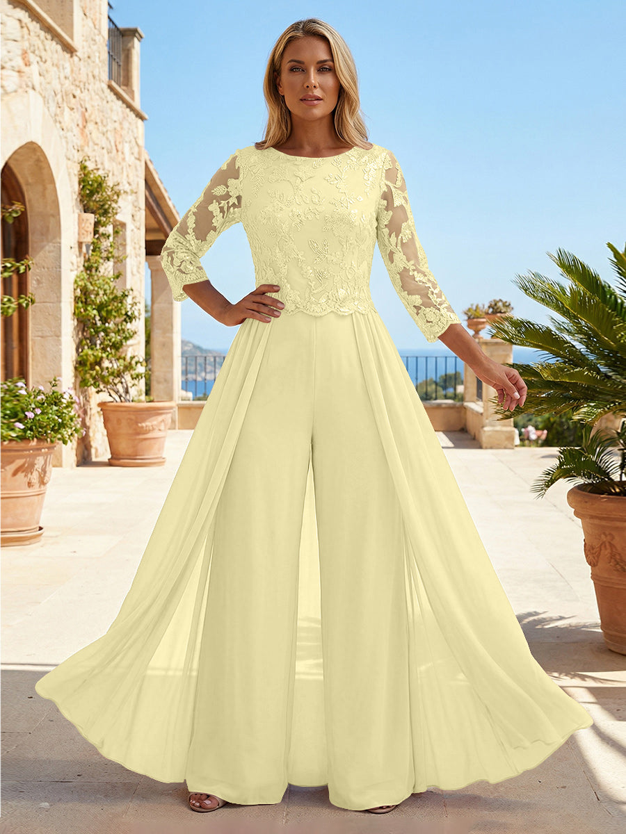 Chiffon 3/4 Sleeves Round Neck Mother of the Bride & Groom Jumpsuit with Lace Embellished Bodice