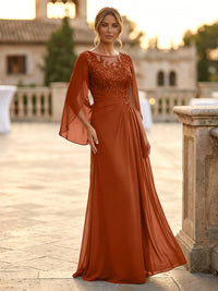 A-Line Chiffon Cape Sleeves Floor-Length Mother of the Bride & Groom Dresses with Rhinestones & Ruched Waist