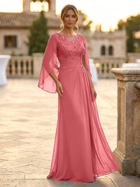 A-Line Chiffon Cape Sleeves Floor-Length Mother of the Bride & Groom Dresses with Rhinestones & Ruched Waist
