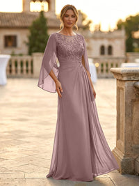 A-Line Chiffon Cape Sleeves Floor-Length Mother of the Bride & Groom Dresses with Rhinestones & Ruched Waist